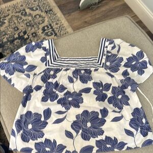 Draper James Blue and White Striped Floral Top